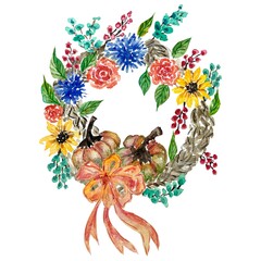 Halloween wreath with pumpkins and flowers, watercolor illustration for a postcard