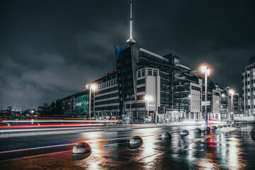 Long exposure shot of car lights in a Berlin street at night