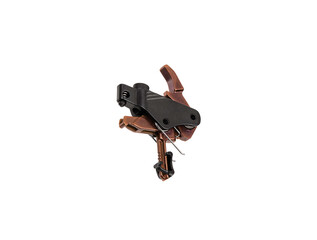 Shock trigger for gun isolate on white back. Gun trigger. Repair spare part.