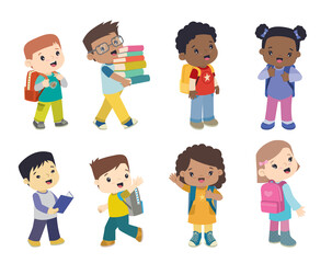 Multi-Ethnic School Children with School Bags Cute and Smiling Standing in Different Poses Flat Vector Illustration Set