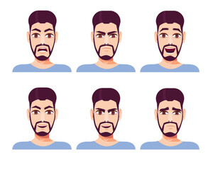 Set of dark-haired bearded man with different facial expressions. Vector illustration in cartoon style.
