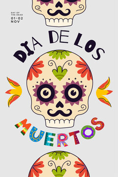 Dia de Los Muertos party poster. Mexican Day of the Dead national Mexico festival greeting card. Vector lettering and skull on Latin America holiday flyer. Traditional november carnival illustration