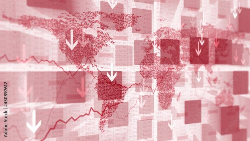 Poster conceptual red negative business world map with arrows motion background.