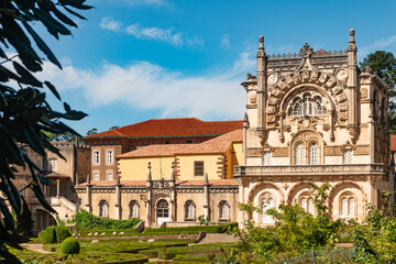  View at the Palace of Bucaco with garden in Portugal. Palace was built in Neo Manueline style...