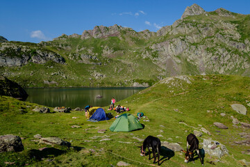 camp on Lac Bersau, Ayous lakes tour, Pyrenees National Park, Pyrenees Atlantiques, France