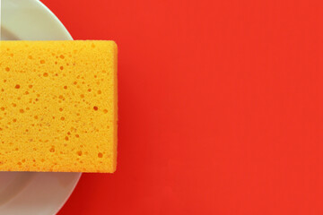 A yellow sponge lies in a white plate on a red background, a place for placing text
