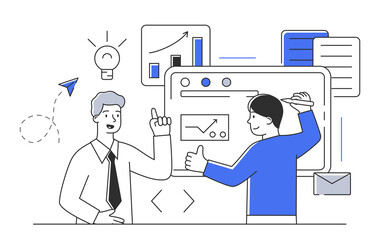 Two young male characters working with board with infographics in office together. Concept of scenes with men and women taking part in everyday business activities. Flat cartoon vector illustration