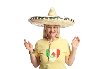 Mature Mexican woman in sombrero hat on white background