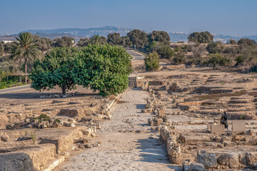 Looking down the cobblestone street towards the entrance of Tzipori National Park in Israel.
