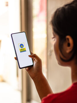 Assam, india - April 19, 2021 : Bharat Petroleum logo on phone screen stock image.