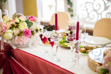 festive holiday table, gala, celebration, festivity table set for a wedding dinner