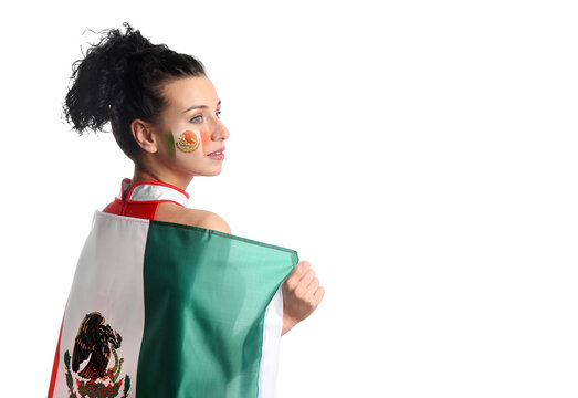 Beautiful cheerleader with Mexican flag on white background