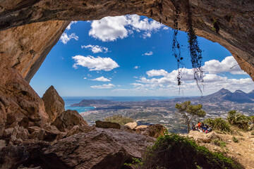 beautiful view of coast, mountains and a beatiful sky since a cave in bernia mountain and Benidorm...