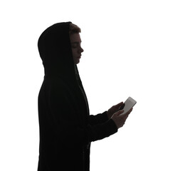 Silhouette of hacker with tablet computer on white background