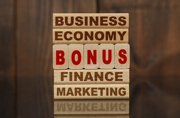 Wooden blocks with the text - Business, Economy, Finance, Marketing and BONUS