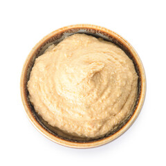 Bowl with tasty hummus on white background