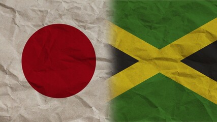 Jamaica and Japan Flags Together, Crumpled Paper Effect Background 3D Illustration