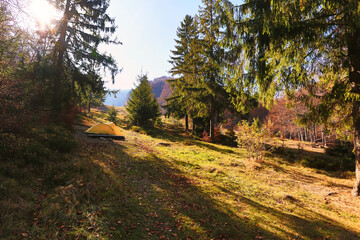 Beautiful autumn landscape with a tent in the forest. Fabulous autumn view of the mountain valley. Tourism concept. Dawn in a forest with a lonely tent
