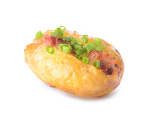 Baked potato with ham and cheese on white background