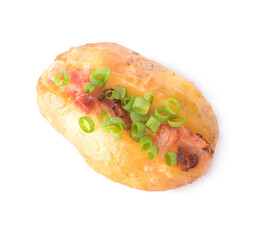 Baked potato with ham and cheese on white background