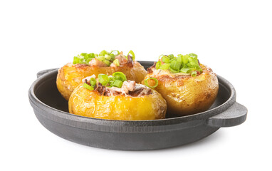 Frying pan with baked potato on white background