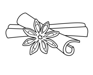 Star anise and Cinnamon sticks - spices vector linear illustration for coloring or logo. Outline. Spices - cinnamon and star anise - element for coloring book or sign.