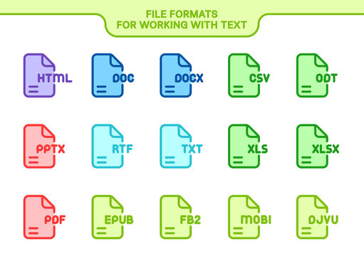 Vector icon set. File formats for working with text and read. Line color collection: html, doc, docx, csv, odt, pptx, rtf, txt, xls, xlsx, pdf, epub, fb2, mobi, djvu