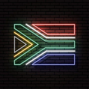 Neon sign in the form of the flag of South Africa Republic. Against the background of a brick wall with a shadow. For the design of tourist or patriotic themes. The African continent