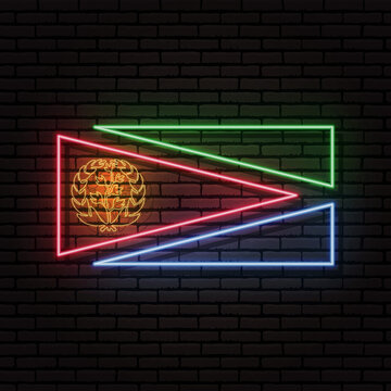 Neon sign in the form of the flag of Eritrea. Against the background of a brick wall with a shadow. For the design of tourist or patriotic themes. The African continent