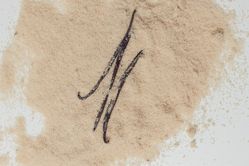 Vanilla beans on a pile of sugar