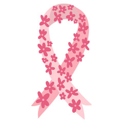Pink ribbon - breast cancer awareness symbol emblem silhouette decorated with hand drawn bright simple flowers. Cancer oncology survivor, never give up, hope concept. Vector illustration isolated