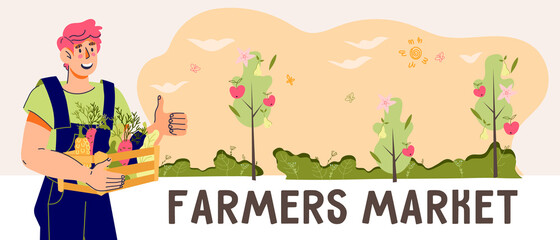 Farmers market and harvest festival banner or flyer template. Eco farm and fresh vegetables and fruits delivery shop. Local market, or and vegan food, cartoon vector illustration.