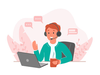 A young man, a freelancer works on a computer, laptop, communicates virtually from home. The concept of a webinar, a call center, a remote life during quarantine. Vector graphics.