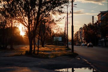 red sunset in the city along with the bright sun