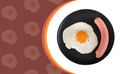 Fried egg and sausage on a black plate on a white background, place under the text on a dark red background