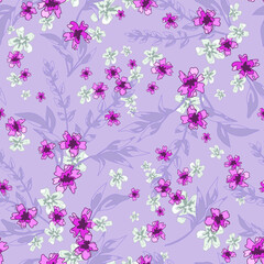 Purple Floral Seamless Pattern Background with Pink Flowers.