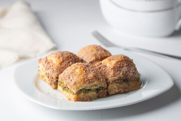 Traditional turkish new dessert cold milky baklava with pistachio (Turkish name; soguk baklava)