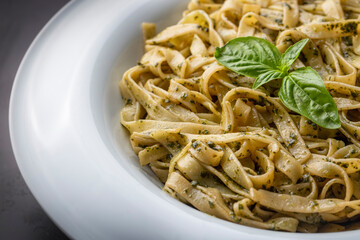 Italian pasta; Tagliatelle with Pesto Sauce