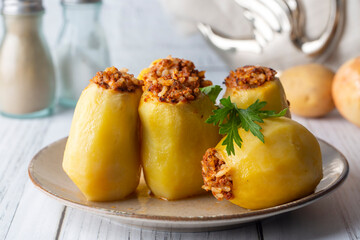 Traditional delicious Turkish food; stuffed potatoes (Turkish name; Patates dolmasi)