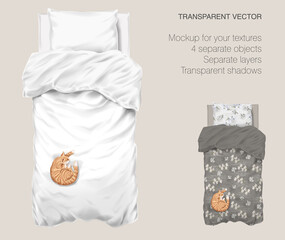 Vector blank white bed mock up for your design and fabric textures. Pillows and blanket with transparent shadows. Orange cat slipping on the bed. View from the top
