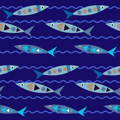 Obraz premium Seamless pattern with fish and waves on a blue background. Marine drawing for childrens prints. Bright print for use in textiles, covers and prints, baby products, packaging, leaflets and flyers