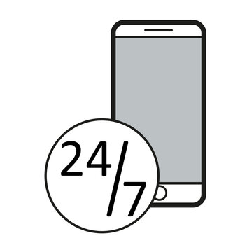 Mobile phone icone. Smartphone symbol. Working mode 24 hours in 7 days of the week. Calls are accepted around the clock. Vector layout for print, website.