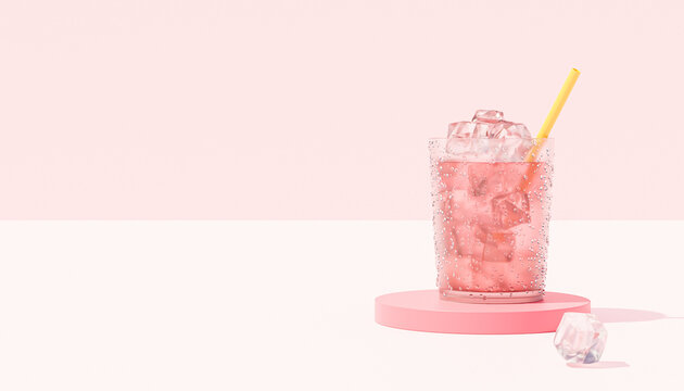 Drink in glass with ice and straw on pink background, copy space, 3d render