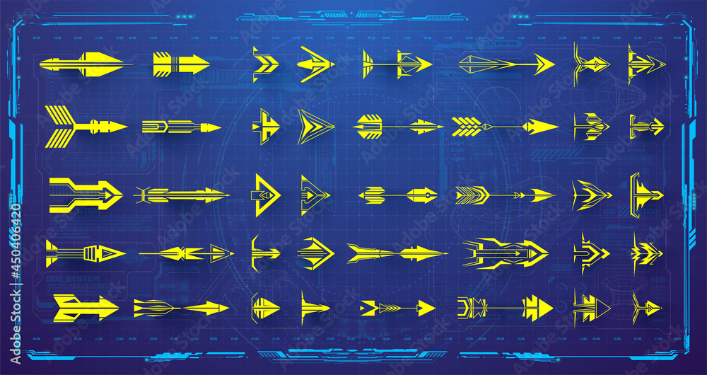 Poster Set of futuristic HUD, FUI arrows. Futuristic interface hud design elements. Arrows, pointers, direction. Set of holographic arrows, pointers, direction for infographics or game. Vector illustration