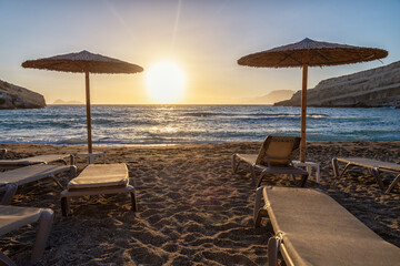 Matala beach on Crete island in Greece in sunset