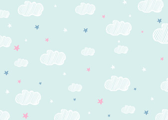 Clouds vector Seamless . Cute colorful clouds ans stars. Hand drawn design. Seamless dark blue night sky illustration. Seamless Clouds and stars on Blue Sky. Illustration for babies, kids.