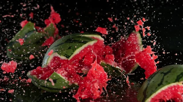 Super Slow Motion Shot of Falling and Cracking Whole Water Melon at 1000 fps.