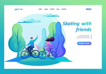 Obraz premium Friends ride bicycles in the forest, summer entertainment, cycling in the park. 2D Characters. Landing Page Concept