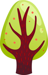 Vector Illustration In Cartoon Style With Gradients. Stylized Tree On White Background. Big Tree With Brown Trunk And Green Leaves Mass With Pink Berries