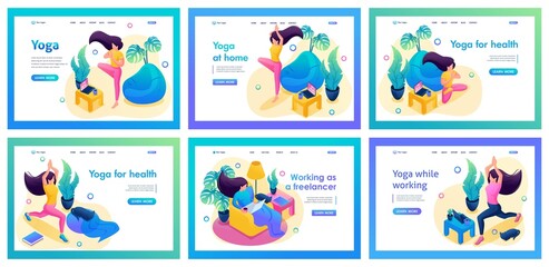 Collection of landing pages Isometric about meditation. The girl does yoga, meditates, pumps internal installations, money meditation, healing meditation